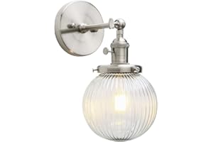Yosoan Industrial Ribbed Globe Glass Wall Light Fittings, Switched Wall sconces Lighting for Kitchen Island Living Room Bedroom (Brushed)
