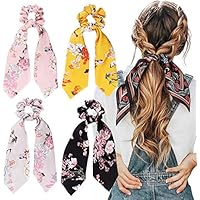 Trendy Club 4Pcs Hair Scrunchies Silk Satin Scarf Hair Ties Elastic Hair Bands Ponytail Holder Flower Printed Hair Bobbles Vintage Accessories for Women Girls