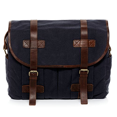 Sid   Vain Messenger Bag Chase- Umhaengetasche Gross - Notebook-Tasche Echt Canvas-Leder Blau-Braun
