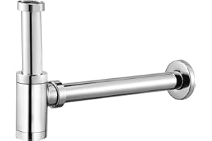 TAYQWIHEVA Siphon design chromé, siphon pour lavabo et lavabo, siphon de bouteille 1 1/4 x 32 mm, hauteur réglable en hauteur, fermeture anti-odeur universelle avec ouverture de nettoyage, manchon en caoutchouc