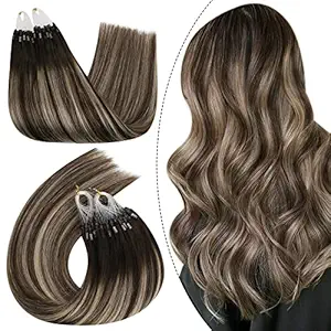 Ugeat Micro Ring Loop Human Hair Extensions 24Inch Pre-Bonded Human Hair Extensions Balayage Brown with Blonde #4/18/4 Micro Link Human Hair Extensions 50Gram/Pack 1G/S