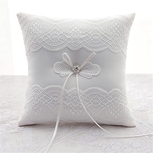 Hochzeit Ringkissen Kissen gestickte Blumen mit Schleife 19cm * 19cm — Ivory - 2