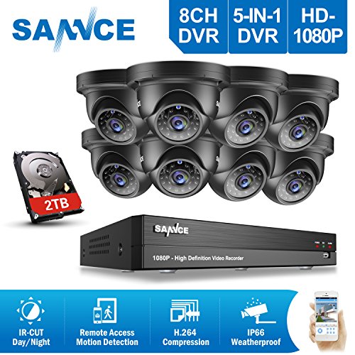 SANNCE Sistema de seguridad Kit de 8 CCTV Cámaras metal de vigilancia (Onvif H.264 CCTV DVR P2P 8CH TVI 1080P 8 cámaras 1080P 2.0MP IP66 Impermeable 36 IR LED)-2TB disco duro de vigilancia