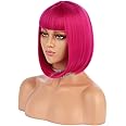 eNilecor Short Bob Hair Wigs 12" Straight with Flat Bangs Synthetic Colorful Cosplay Daily Party Wig for Women Natural As Real Hair+ Free Wig Cap (Hot Pink)