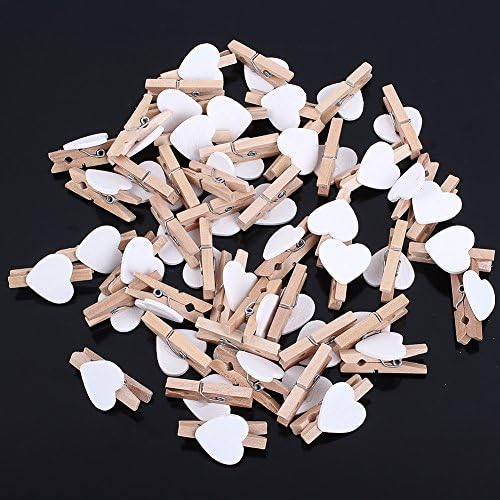 Hamhsin 50pcs Mini Wooden Heart photo pegs - cloth pegs/Paper Pegs/note Clips Holder for Home/Wedding Decor Craft (White)