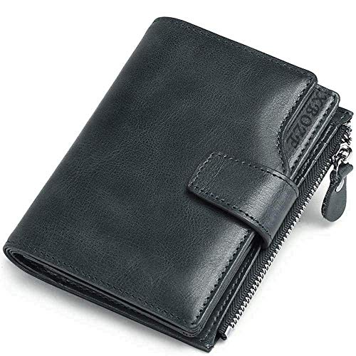 Cartera Cuero Hombre Pequeño RFID Bloqueo Delgado Biflod Billetera Hombre Piel con Cremallera y 12 Ranura para Tarjeta Monedero Hombre Cuero Autentico Cartera de Bolsillo (Gris Azul)