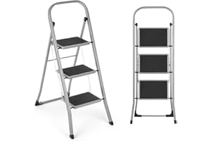 VIVO TECHNOLOGIES 3 Step Ladder | Portable Folding Ladders | Lightweight Sturdy Steel Ladder | Anti Slip Feet | Non-Slip Safety Treads | Easy to Store Step Stool | DIY Gardening Kitchen Garage | 150kg Capacity, Grey