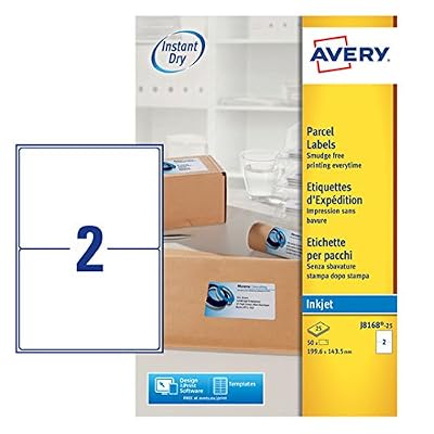 Avery Réf J8168-25 Étiquettes adresse Séchage instantané Jet d'encre 199,6 mm x 143,5 mm Blanc 2 étiquettes / feuille 50 étiquettes total (Import Royaume Uni)