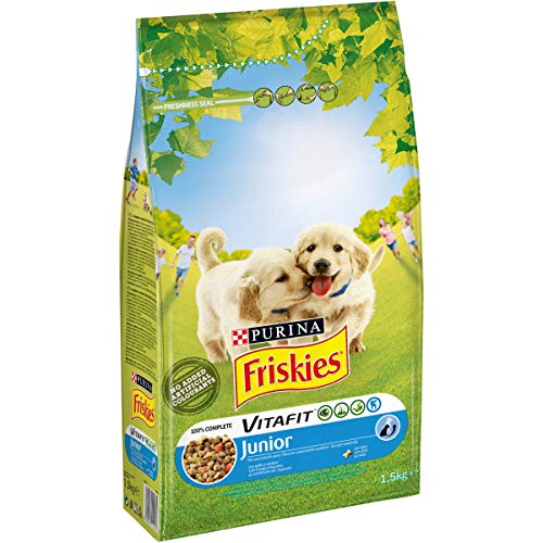 Purina Friskies Crocchette Cane Vitafit Junior con Pollo e l'Aggiunta di Latte e Verdure, 6 Sacchi da 1.5 kg Ciascuno