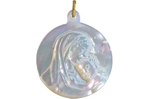 LES POULETTES BIJOUX - Pendentif Nacre Ronde Vierge à l'Enfant