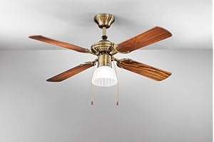 Ventilatore da soffitto con luce in metallo colore ottone brunito 4 pale Ø 105 x H. 42 Kit luce vetro satinato Ø 15cm 1xE27 Max 60W Potenza motore 22W-45W Comandato a catenelle Telecomando ordinabile Lampadario con pale Reversibile PERENZ 7064OB
