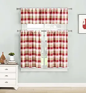 HOME MAISON - Kingsville Checkered Kitchen Window Curtain Tier Valance Set, 2 29 x 36, 1 58 x 15, Red