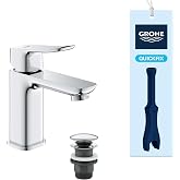 GROHE Dice S Basin Tap with Push-Open Drain (Ceramic Cartridge 28 mm, Water and Energy Saving, 3/8 Inch Connections, Easy to