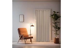 tinycurtains, Türvorhang mit Teleskopstange, einfache Montage in nur 1 Minute ohne Bohren, für alle gängigen Türgrößen (Türvorhang beige + Stange weiß, Türbreite 55-90cm)