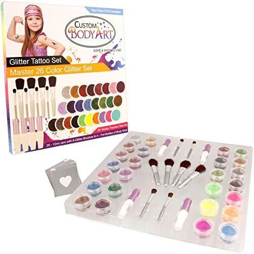 Glitter Tattoo Kit by Custom Body ArtR 26 Color "Master" Glitter & Body Art Set with 26 Large Glitter Colors, 50 Uniquely Themed Temporary Tattoo Stencils, 4 Glue Applicator Bottles & 8 Glitter Brushes. The Perfect Kit for Fashionable Party Fun for Children, Teenagers & Adults. by Custom Body Art