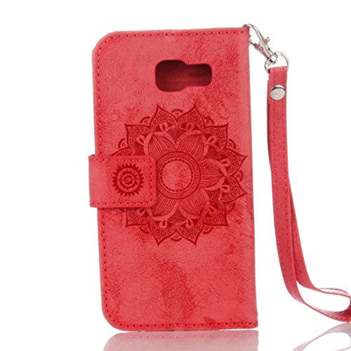MUTOUREN Portemonnaie Handyhülle für Samsung Galaxy A5 (2015) SM-A510F Bookstyle Gürtelhändytasche Brieftasche PU Leder Wallet Case Cover Schutzhülle Hülle Etui mit Standfunktion Magnetverschluß Card Slots Kratzfeste Anti-scratch Premium Ledertasche Gepresste Blumen Indische Sonne Mandala Rot + Bleistift Touch Pen - 3