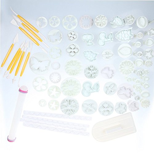 SUNJAS 68tlg Modellierwerkzeug Herz Traube Kirsche Stern Ausstecher Ausstechform Stempel Glätter Fondant Torten Kuchen Keks Plätzchen Marzipan Kit Set Deko - 3