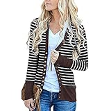 TianWlio Jacken Parka Mäntel Herbst Winter Warme Jacken Strickjacken Damen Lange Ärmel Streifen Taste runter Rundhal Sausschnitt Stricken Strickjacken Braun M