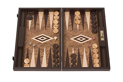 Preisvergleich Produktbild Uber Backgammon-Set, Walnuss, Wurzelholz, hochwertig, natürliches Muster, Maserung, Maße geöffnet: 47,5 x 60 x 3,75 cm. Mit 30 Spielfiguren aus Olivenholz, hell, dunkel, 4 Standardwürfel, Backgammon-Verdopplungswürfel