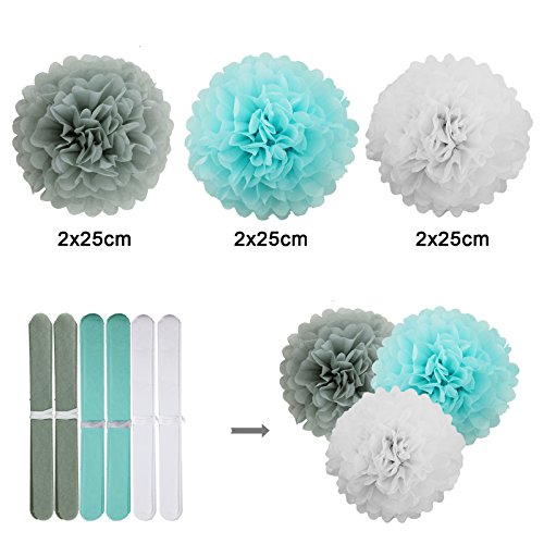 6er Grau/Weiß/Hellbalu Papier PomPom Blumen Kugel 25cm Hochzeit Garten Wohnung Fest Feier Party Geburtstag Deko - 3