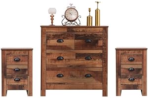 FurnitureHMD Bedroom Furniture 3 Piece Set Wooden Chest of drawers Set of 2 Bedside Table Rustic Brown (set A)