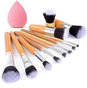 HUDA GIRL Beauty Professional Makeup Brushes with Blender Puff - 11 Pc Natural Bamboo Handle Cosmetic Foundation Make up kit Beauty Blending for Powder and Cream ? Bronzer Concealer Contour Brush Travel Case