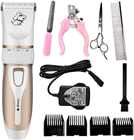 ShineMore Pet Grooming Clipper Kits Low Noise Rechargeable Cordless Quiet Pet Groomer with 4 Comb Attachments and 4 Extra tools for Dogs Cats and Other Family Pets (White + Glod)