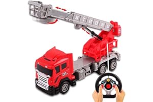deAO Camión de Bomberos RC con 4 Canales y Luces, Camión de Bomberos Teledirigido Modelo con Escalera Retráctil, Coche de Juguete para Niños y Niñas 3 años, Educativos Regalos