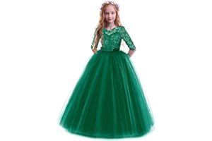 IBTOM CASTLE Flower Girls Lace 3/4 Sleeve Dress Wedding Bridesmaid First Communion Evening Party Floor Length Dress Kids Princess Pageant Birthday Prom Carnival Christmas Ball Gown