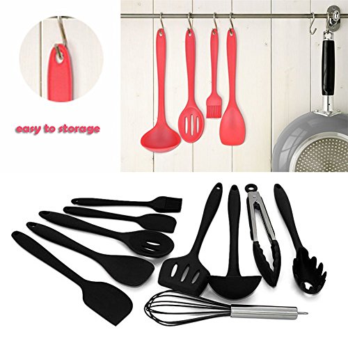 10Sets Silikon Küchenutensilien Werkzeug, Home Backen Kochen Werkzeuge Kochgeschirr Gadgets Enthält Pasta Gabel, Spoonula, Tong, Slotted Löffel, Pfanne, Turner große Spatel, kleine Spatel, Basting Pinsel, Schneebesen für Haus Kochen (Schwarz) Familiengeschenke - 2