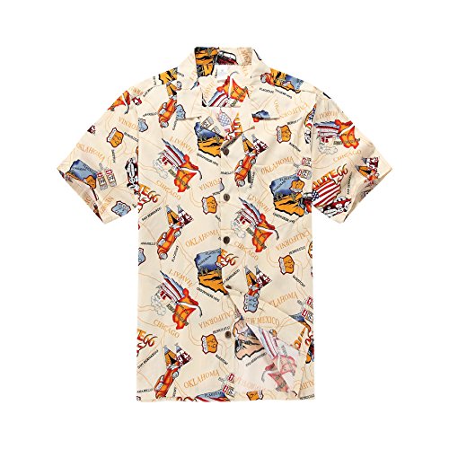 Hombres Aloha camisa hawaiana en Bandera Estadounidense Ruta 66 Crema 