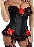 Kelvry Women's Gothic Satin Lace up Boned Bustier Corset Top with Suspenders Plus Size 6-24 Black