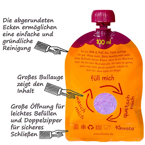 NEU divata MINI Quetschies 100ml (4er Pack), BPA-frei – wiederverwendbare Quetschbeutel zum selbst befüllen für Babys und kleine Kinder - 4