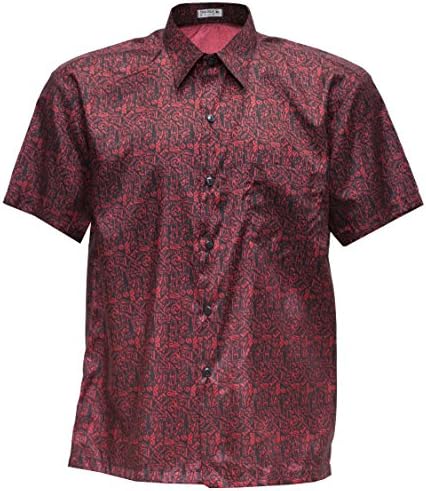 Men's Shirt Short Sleeve Thai Silk Patterned Small Red (L)