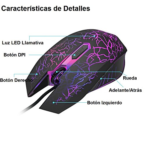 VersionTECH  Rat  n Gaming con Cable hasta 2400 DPI Rat  n Ergon  mico   ptico para Juegos con 7 Colores Luz LED 6 Bot  n Gaming Mouse Wired para PC Ordenadores Port  til Mac Negro 