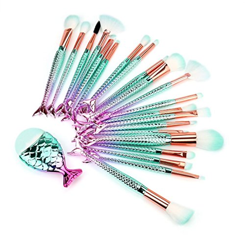 Tefamore Lady 22 pinceles de maquillaje de cola de sirena establece cepillo Eyebrow Eyeliner Blush Cosmetic (Oro)