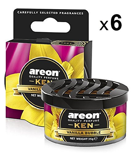AREON Ken Car Air Freshener Vanilla Bubble Gum Sweet Bubblegum Scent Home Tin Can Mini Top Up Adjustable Vented Lid 3D Multi Pack Set of 6