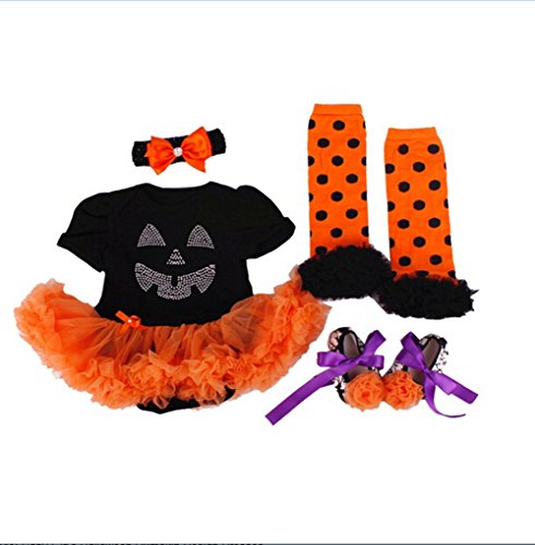 Anik Sunny Baby Girls' Halloween Pumpkin Costume Festivel Costume Party Dress Clothes 4Pcs Legging Warmer +shoes+Headband (6-12 Months)