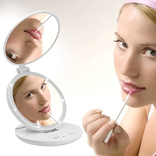 Zuoao Kosmetikspiegel mit 6 LEDs Beleuchtung – Rund Faltbare Make Up Spiegel / Beleuchtet Schminkspiegel / Rasierspiegel für Make up,Reisen mit 5 fach Vergrößerung,Batteriebetrieb(1X/5X Vergrößerung) Weiß - 6