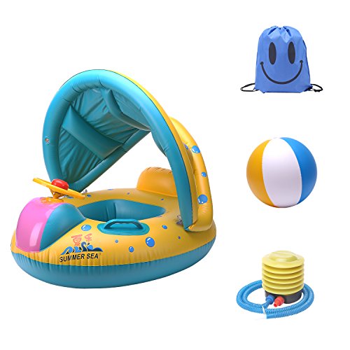 NZQXJXZ Baby Swimming Ring Sunshade Inflatable Floating Toy Canopy Safety UV Protection Seat Yacht with Horn and Steering Wheel for 12-36 Months