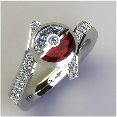 POKEMON Pokeball 1.48ct Half Round Red Garnet White Cubic Zirconia CZ 925 Solid Sterling Silver Engagement Wedding Bridal Anniversary Love Woman Ladies Ring,All Ring Size available (L 1/2)