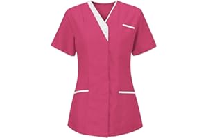 SAXREL Medical Uniforms & Scrubs V Neck Pockt Short Sleeve Solid Healthcare Nurses Uniform Loose Tunic Hospital Ladies Tops Medical Workwear T Shirts for Women UK Clinic Thin SLIN Ladies Blouses