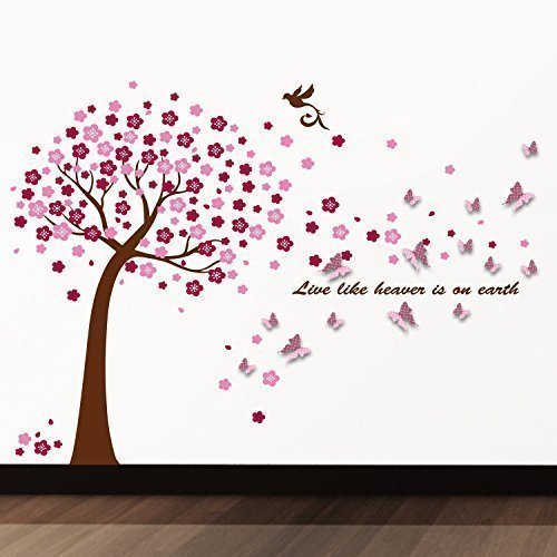 Walplus Entfernbarer selbstklebend Wand Sticker Riesig pink Baum mit 3D Schmetterlinge rosa weiß gepunktet Wandbild Kunst Zuhause Wohnzimmer Dekoration Dekor Restaurant Café Hotel Kinderzimmer