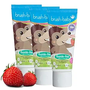 brush baby Fluoride-Free Strawberry Infant and Toddler Toothpaste (0-2 Years) with Xylitol, Multicolor