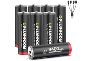 Delyeepow Akumulatory litowe USB-C AA, 1,5 V, 3400 mWh, ładowane przez USB, baterie AA z kablem do ładowania USB-C 4 w 1, szybkie ładowanie, 1 godzina, cykl 1500, 8 sztuk