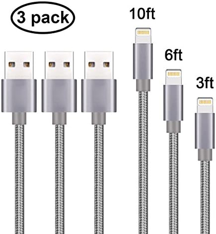 Gulf Y iPhone Cable, 3Pack（1m 2m 3m） Extra Long Nylon Braided Apple Lightning Cable USB Cord for iPhone 7/7 Plus/6S Plus/6 Plus/6/5/5S/5C/SE,iPad Pro/Air/mini,iPod (3Pack-Gray)