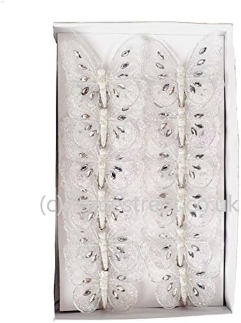 Homestreet Butterflies12 Pack Diamante Small Butterflies - Glitter Clip On Butterfly Decorations (White)