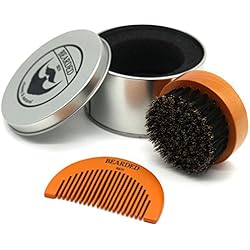 BEARDED BEN brosse à barbe avec des poils de sanglier et une boite de rangement de haute qualité pour un soin de la barbe professionnel ( brune, diamètre : 6.3 cm) | 2 ans de garantie de satisfaction