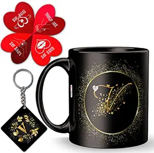 KivStar 01 V Alphabet letter Printed mug + Heart shape card+Printed keychain,Gift for Love,Birthday ,wife, husband, girlfriend boyfriend,Kids,Brother,Sister on Birthday love Valentines Day and Anniversary.