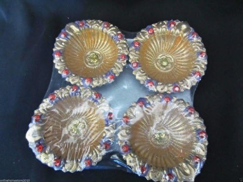 Set of 4 Round with a lip Gold And Puple Diwali Diya/Diva glitter With Red Stones No Wax 8cm